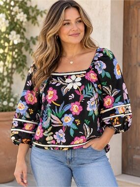 C&C California 100% Linen Floral Boho Blouse Black Puff Sleeve Crochet Trim L